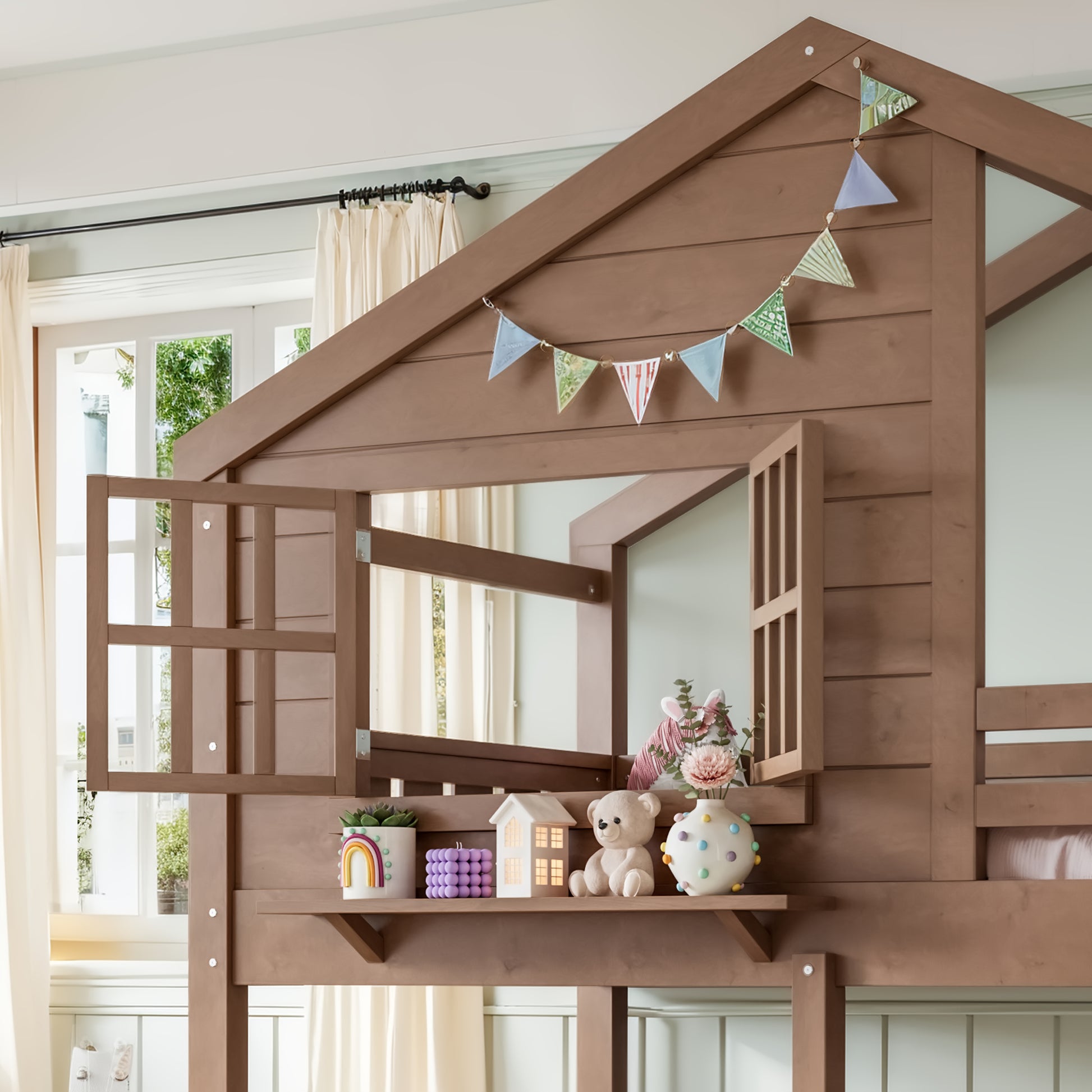 Twin Size Bunk Bed/Loft Bed with Bookshelf, House Design, High-Quality Safety Fencing,Natural image 5