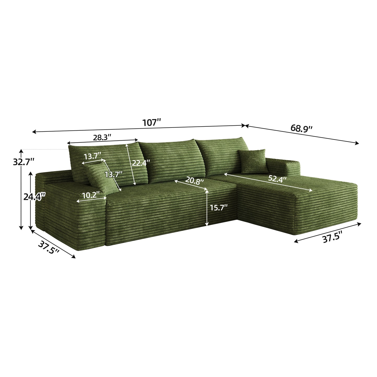107" Cloud Sectional Couch with L-Shape Chaise,Modern Modular Sofa with Deep Seat, Upholstered Couches for Living Room Bedroom,No Assembly Required, (Plush Corduroy Fabric),Green image 5