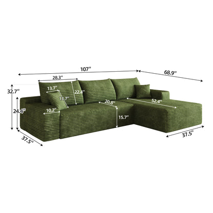 107" Cloud Sectional Couch with L-Shape Chaise,Modern Modular Sofa with Deep Seat, Upholstered Couches for Living Room Bedroom,No Assembly Required, (Plush Corduroy Fabric),Green image 5