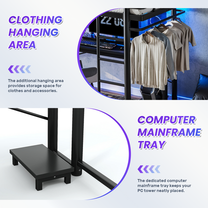 Queen Loft Bed with L-Shaped Desk,LED Light Strip and Charge Station, Metal Loft Bed with Computer Mainframe Tray and Hanging Area, Special Round Pipe Design, Black image 10