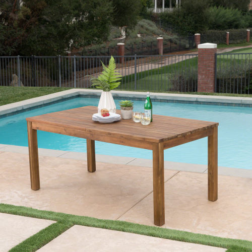 Extendable Acacia Wood Outdoor Dining Table, Teak Finish Rectangular Patio Expandable Table, Weather Resistant Slatted Top for Backyard Garden Porch, Adjustable Length 65.75"-85.43" image 2