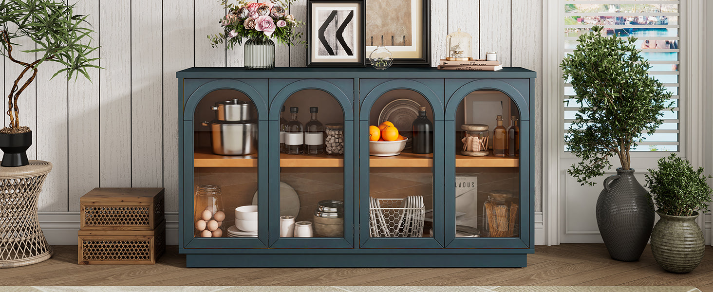 TREXM 4-Door Large Storage Buffet Cabinet with Glass Doors, Arched Cabinet with Adjustable Shelves for Kitchen, Dining Room and Living Room (Navy) image 2