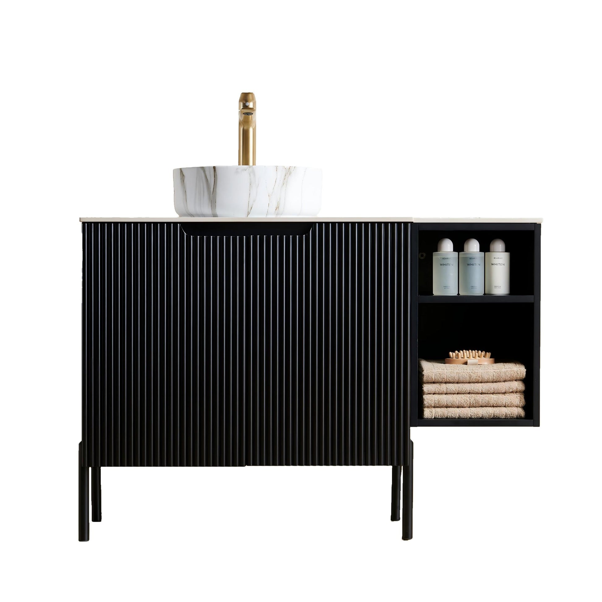 TURIO 42" Bathroom Freestanding and Wall Mounted Storage Cabinet with 2 Doors and 12" Open Shelf, One White Round Ceramic Basin with Stone Pattern and Carrara White Counter Top, No Faucet, Black Color image 4