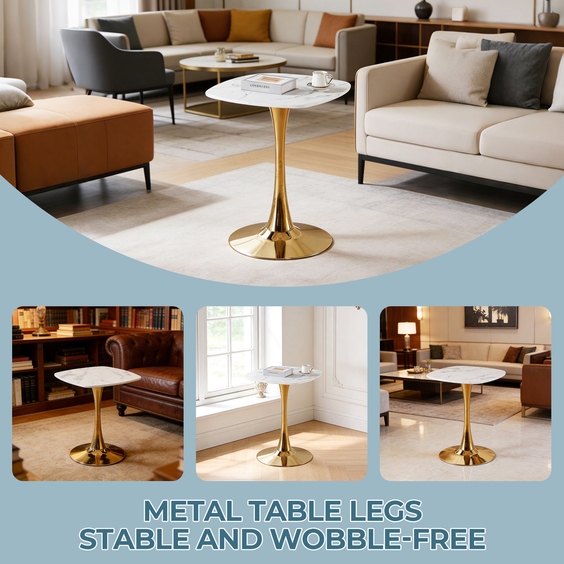 Square Tulip Dining Table for 2-4 Persons, 24 Inch Small Kitchen Table with Sturdy Golden Metal Pedestal Base, Modern Bistro Table for Small Space, Apartment, Cafe, Office, Living Room (White & Gold) image 4