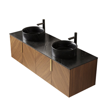 ARAI 60" Bathroom Vanity&Sinks, Wall-Mounted Plywood Bathroom Storage Cabinet with 4 Doors, 2 Black Round Ceramic Basins with Stone Pattern & Black Sintered Stone Countertop, Brown Oak Woodgrain Color image 4