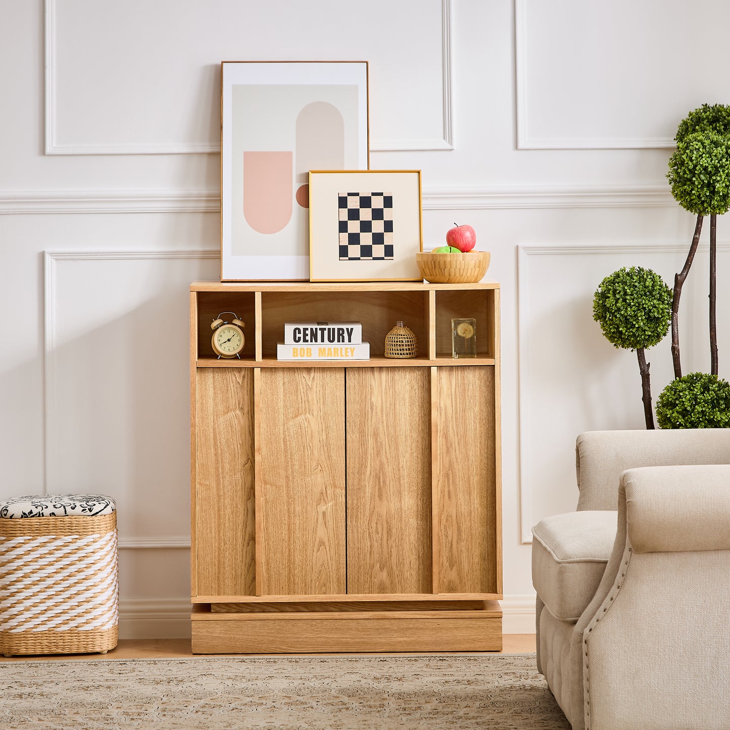 Sideboard Buffet Cabinet with Storage, Farmhouse Fluted Sideboard with 2 Doors & Adjustable Shelf, TV Media Console, Storage Cabinet for Entryway Hallway Kitchen Dining Living Room, Natural image 2
