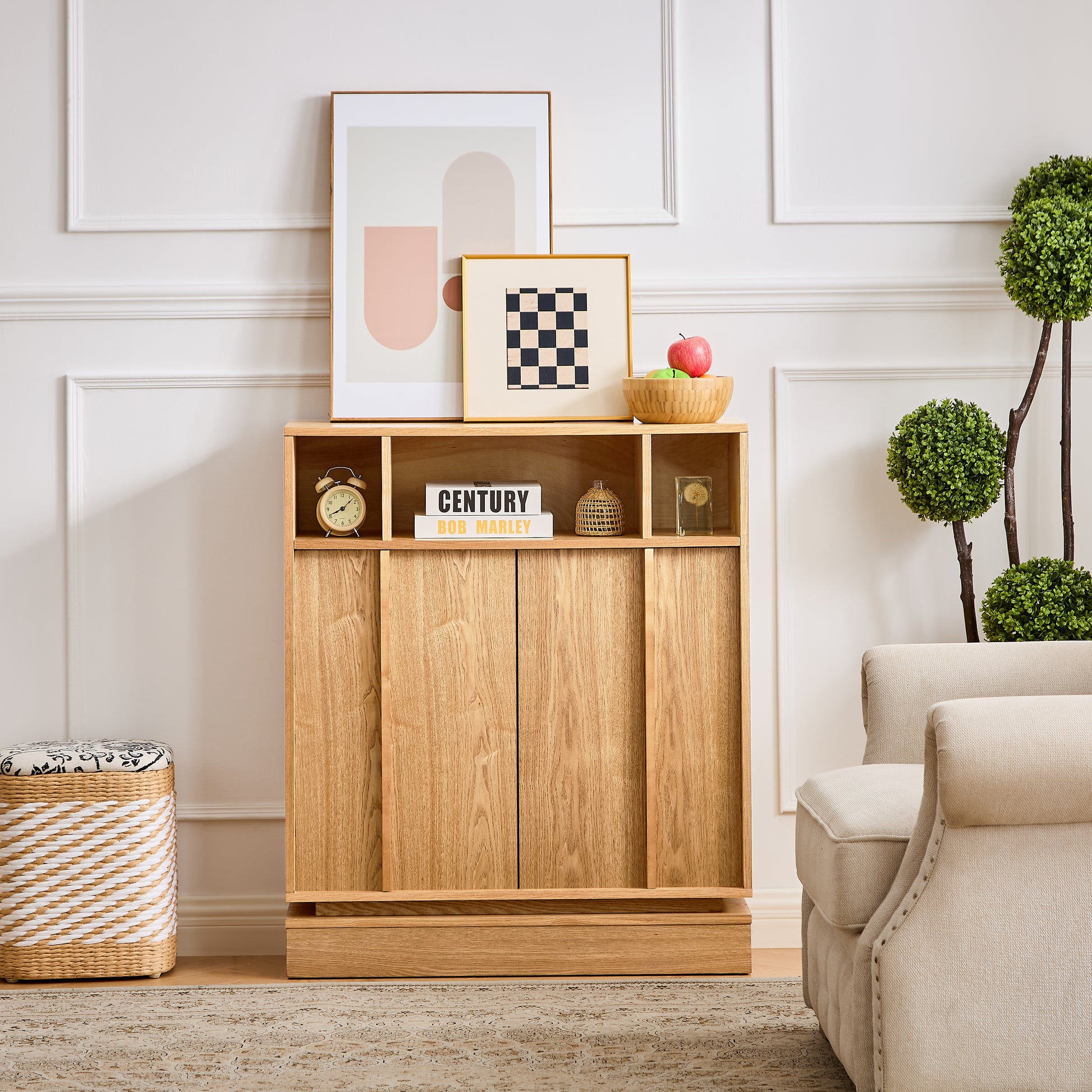 Sideboard Buffet Cabinet with Storage, Farmhouse Fluted Sideboard with 2 Doors & Adjustable Shelf, TV Media Console, Storage Cabinet for Entryway Hallway Kitchen Dining Living Room, Natural image 2