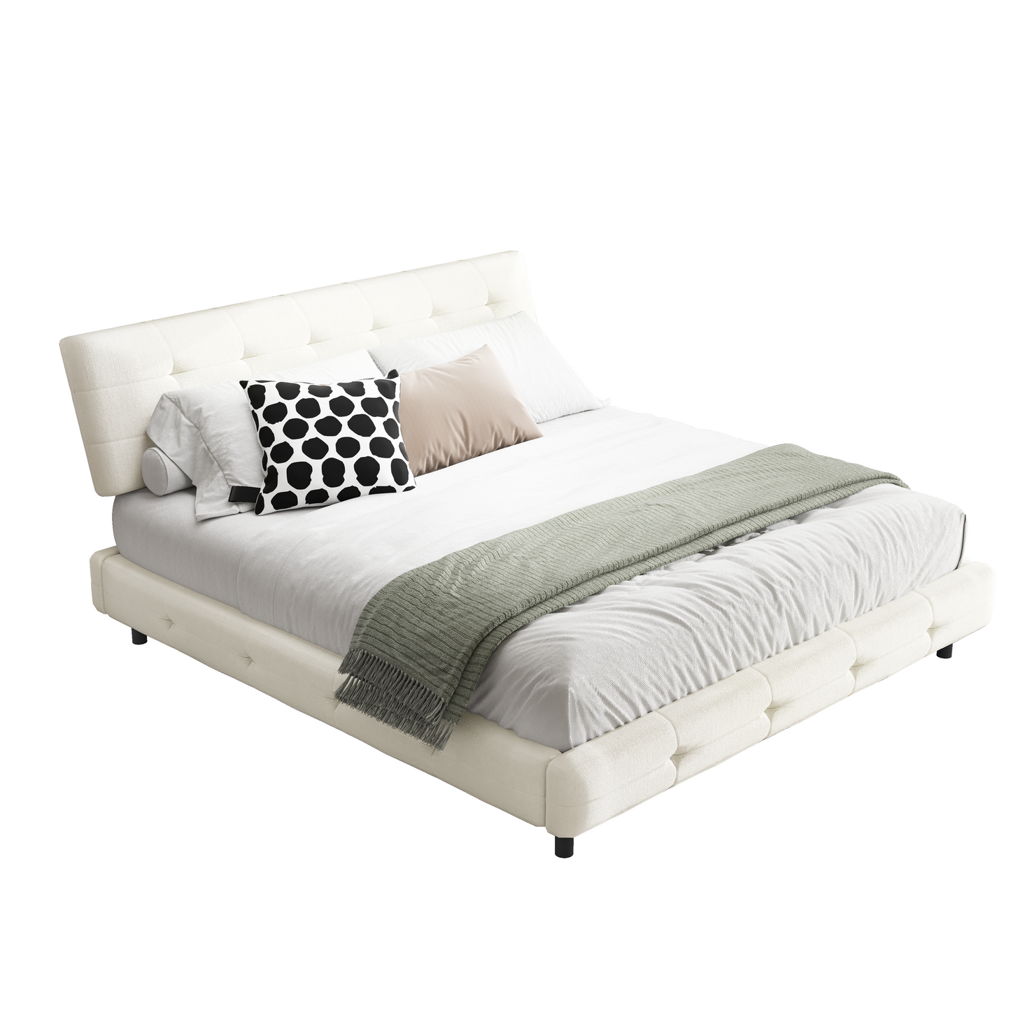 King Size Bed Frame,Tufted Headboard with Extra-Large Ultra-Soft Cloud Pillow Design,Chenille Platform Bed with Metal and Wooden Slats Double Support,Solid and Stable,Noise-Free,Beige/White image 12