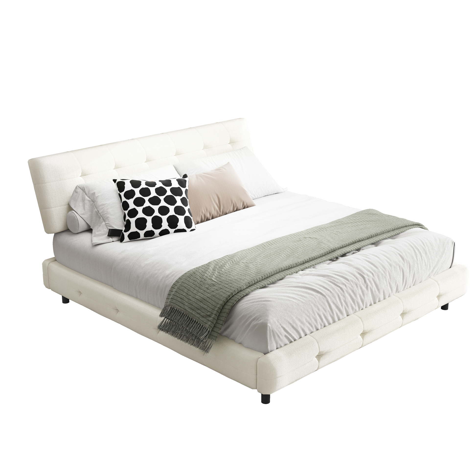King Size Bed Frame,Tufted Headboard with Extra-Large Ultra-Soft Cloud Pillow Design,Chenille Platform Bed with Metal and Wooden Slats Double Support,Solid and Stable,Noise-Free,Beige/White image 12