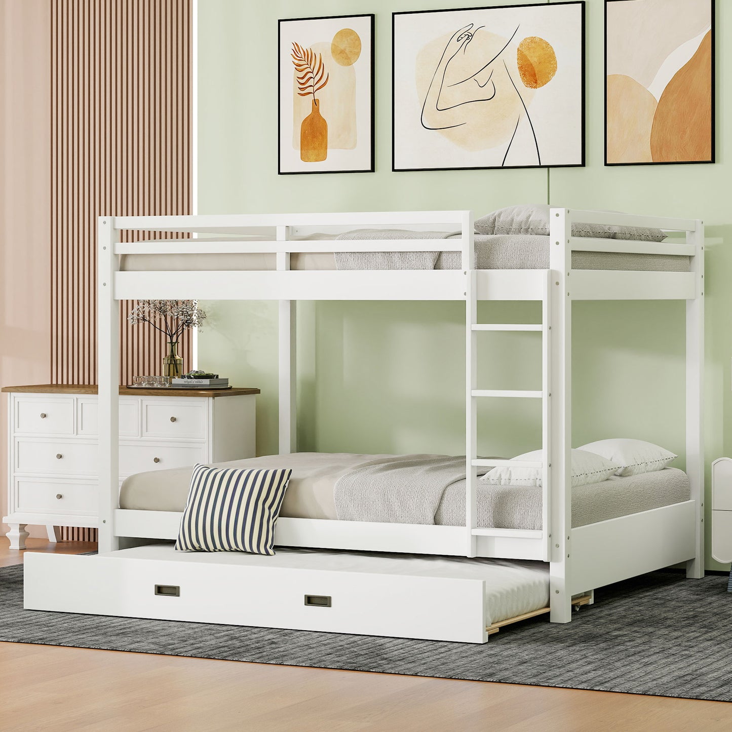 Wood Queen Size Bunk Bed with Ladder and Trundle, White image 2