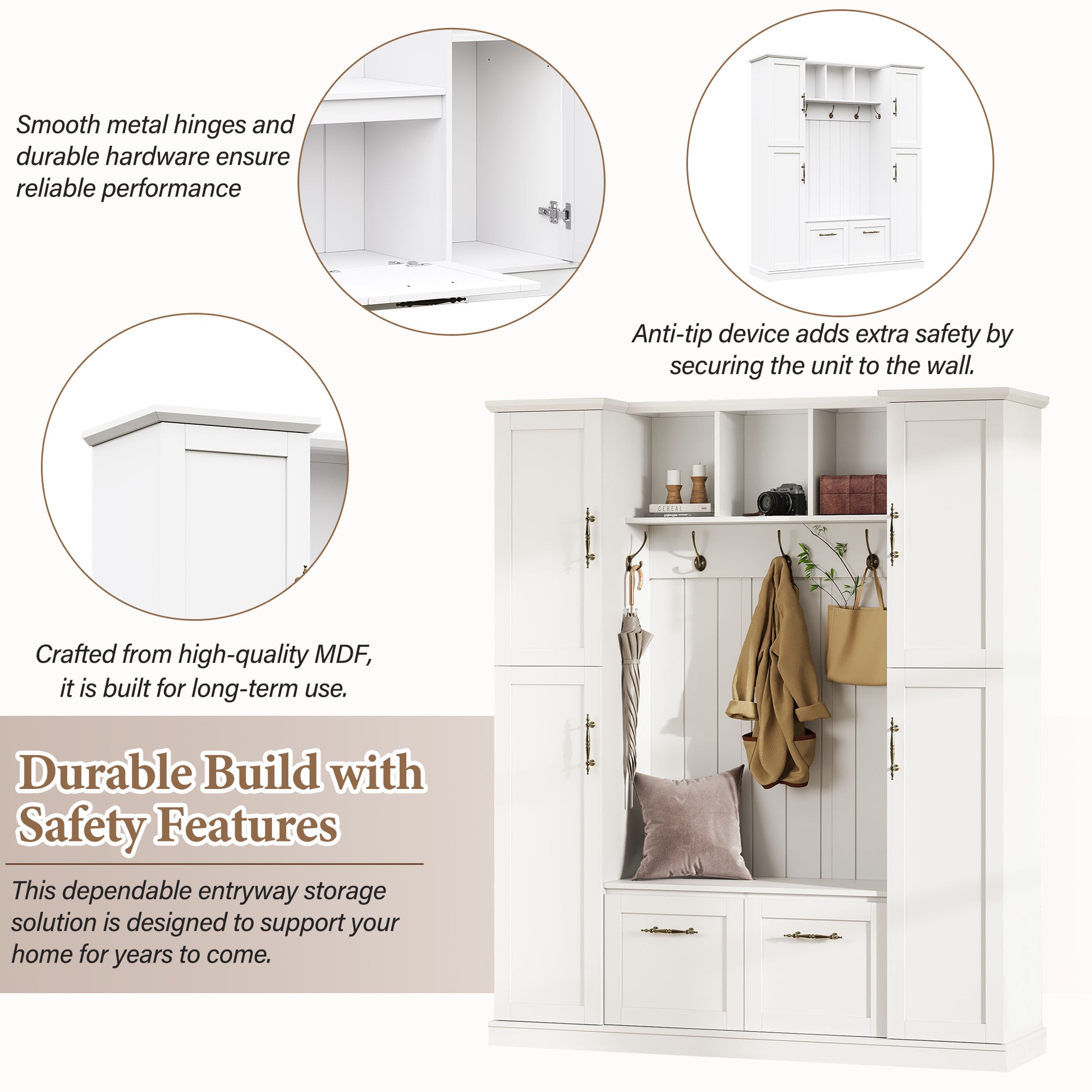 ON-TREND Farmhouse Elegant Hall Tree with 4 Side Cabinets, All-in-One Mudroom Furniture with Adjustable Shelves & Open Cubbies, Beadboard Entryway Bench with Coat Rack & 5 Hooks for Hallway, White image 6