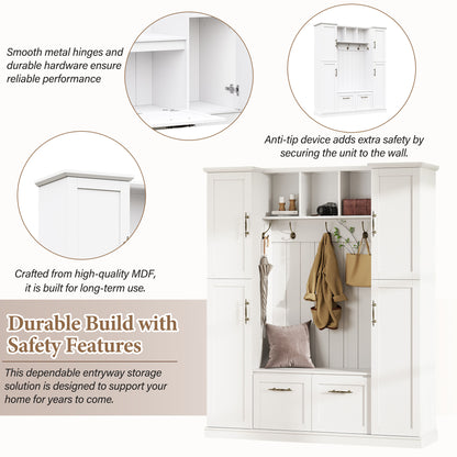 ON-TREND Farmhouse Elegant Hall Tree with 4 Side Cabinets, All-in-One Mudroom Furniture with Adjustable Shelves & Open Cubbies, Beadboard Entryway Bench with Coat Rack & 5 Hooks for Hallway, White image 6
