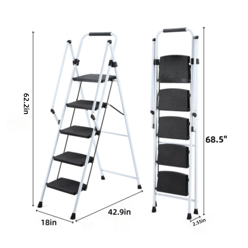 ladder, folding ladder stool, with anti slip wide pedals, steel ladder, with safety anti slip handle, lightweight 330 pound portable steel ladder stool in White 5 steps image 7
