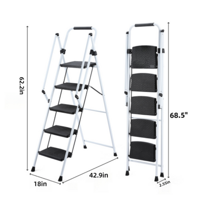 ladder, folding ladder stool, with anti slip wide pedals, steel ladder, with safety anti slip handle, lightweight 330 pound portable steel ladder stool in White 5 steps image 7