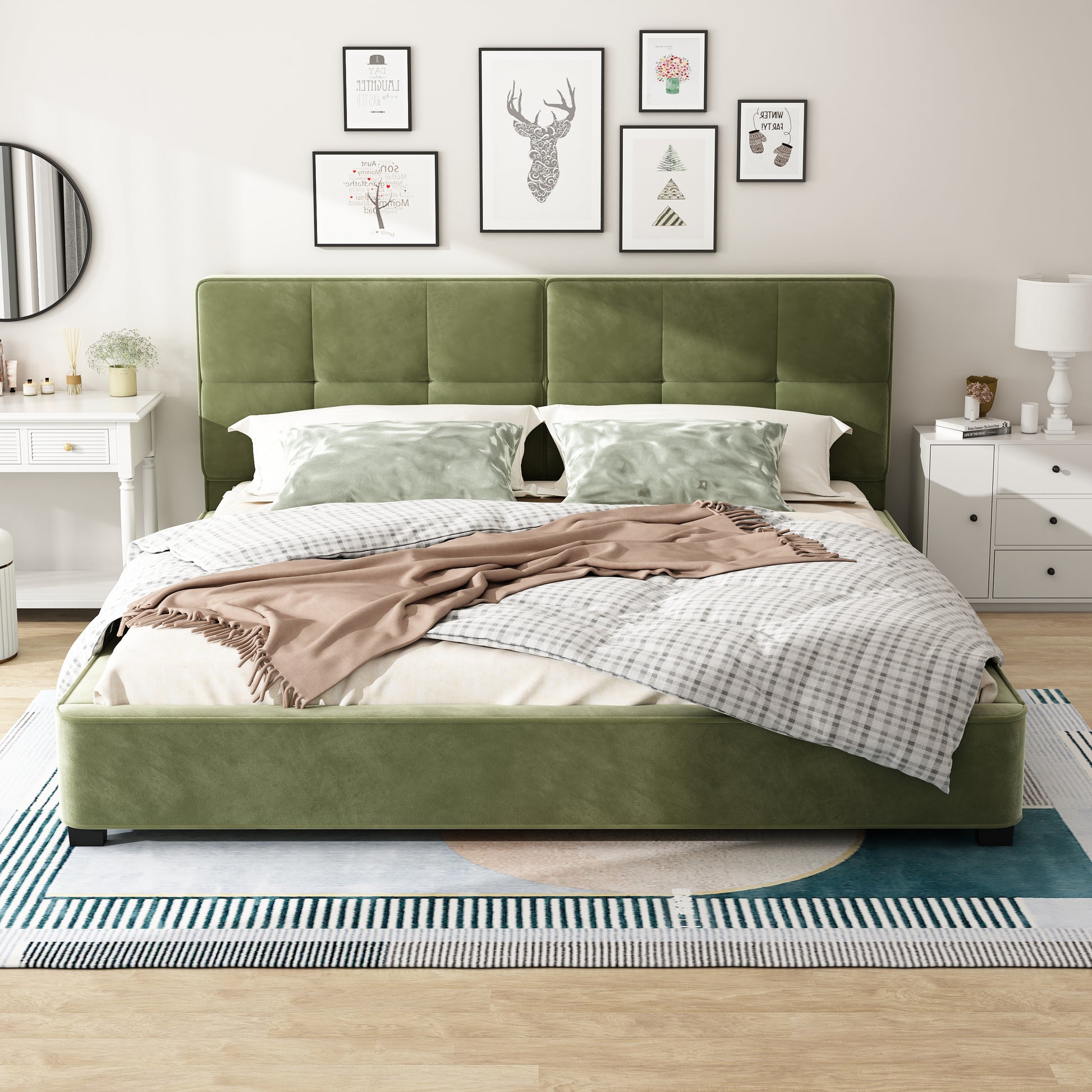 King Size Velvet Bed Frames, Upholstered Platform Bed with Curved Tufted Headboard, Soft Square Corners, Olive Green image 2