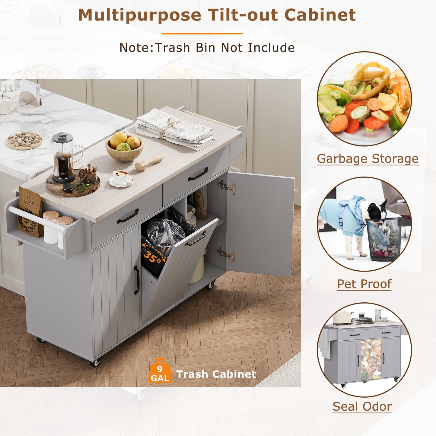 K&K Kitchen Island with Trash Can Storage Cabinet, Kitchen Cart with Drop Leaf, Spice Rack, Towel Rack and Drawer, Rolling Kitchen Island on Wheels with Adjustable Shelf, Grey image 11