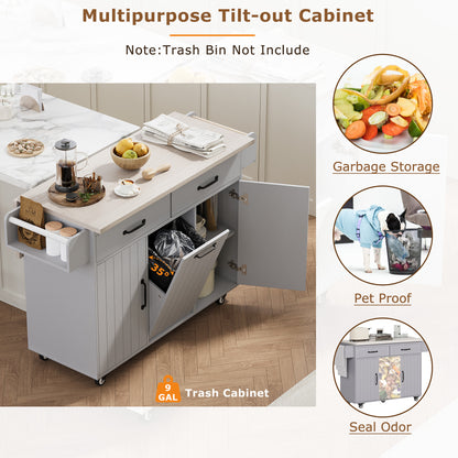 K&K Kitchen Island with Trash Can Storage Cabinet, Kitchen Cart with Drop Leaf, Spice Rack, Towel Rack and Drawer, Rolling Kitchen Island on Wheels with Adjustable Shelf, Grey image 11