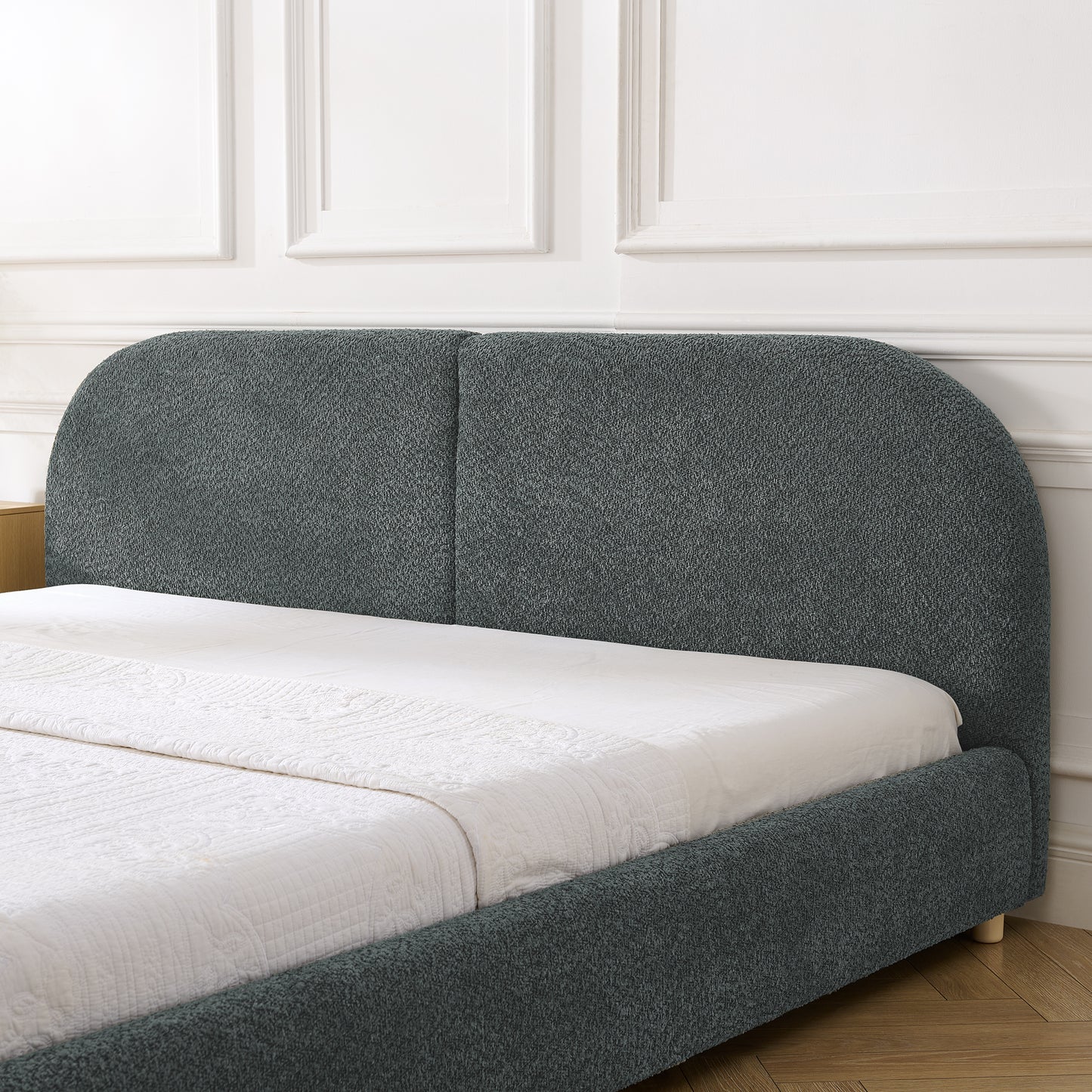 King Size Upholstered Bed Frame, Modern Minimalist Style with Tall Curved Headboard, Premium Circle Yarn Fabric & Sturdy Leg Support, Mattress Not Included-Dark Gray image 4