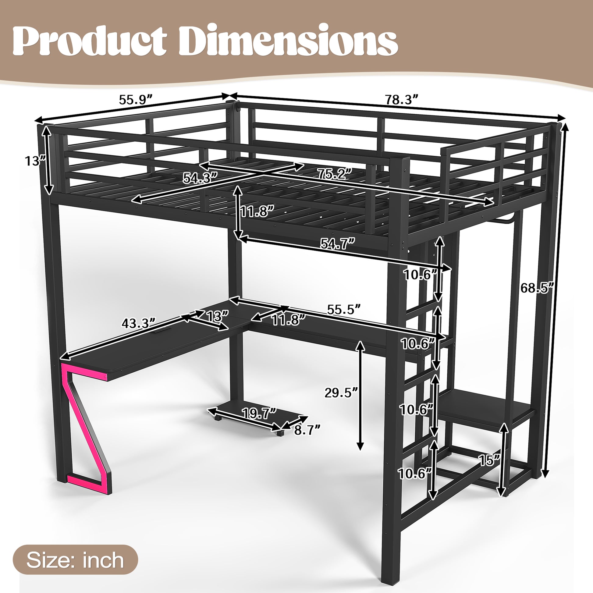 Full Loft Bed with L-shaped Desk and USB Ports, Metal Loft Bed with Computer Tray, Peg Board, and Gaming Style Z-shaped Lights, Black image 8