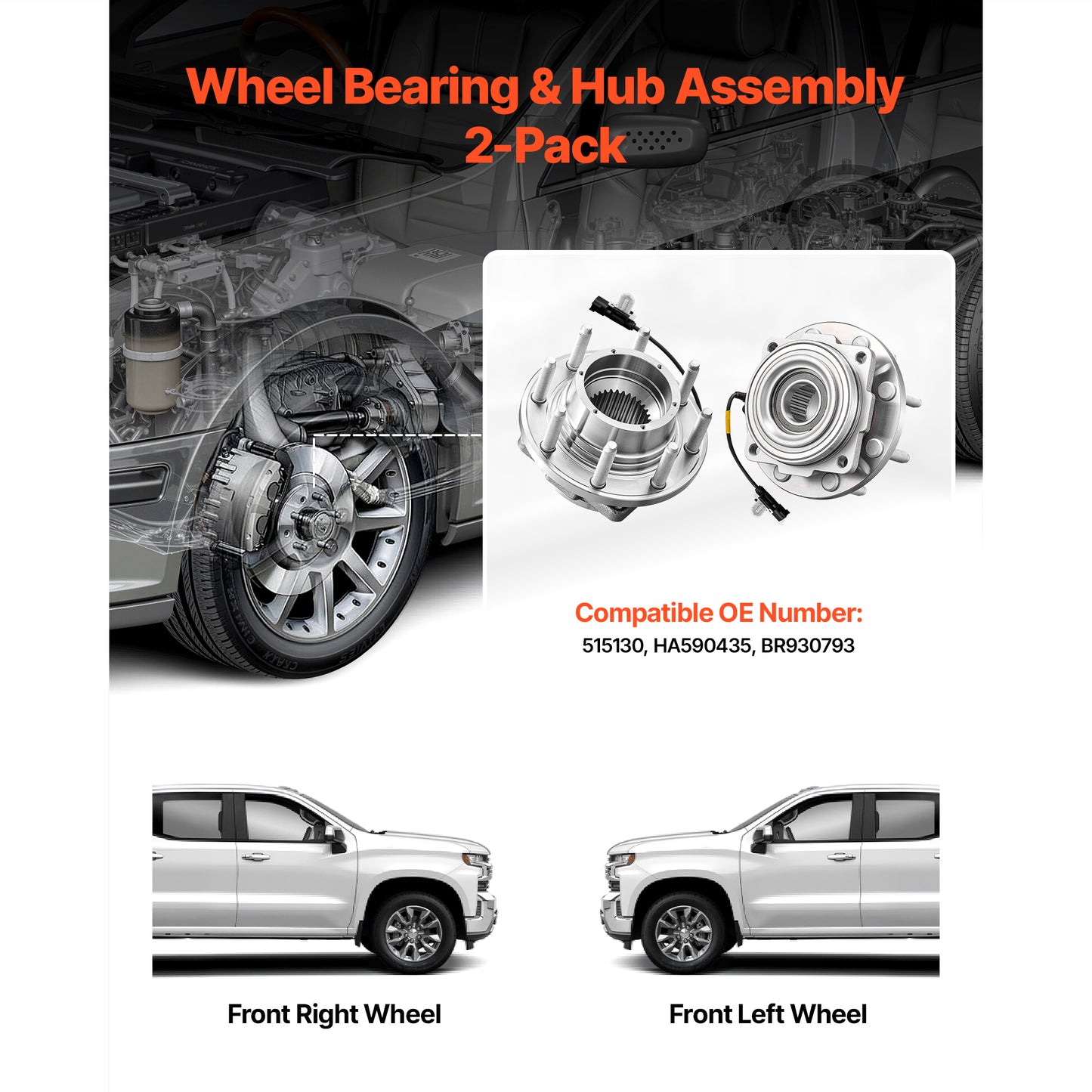 2PCS Front Wheel Bearing & Hub Assembly Fit for 2016 Ford F-250 Super Duty Base King Ranch Lariat Platinum XL Crew Cab Pickup 4-Door OEM 515130, Wheel Bearing Hub Assembly Set with ABS Sensor image 2