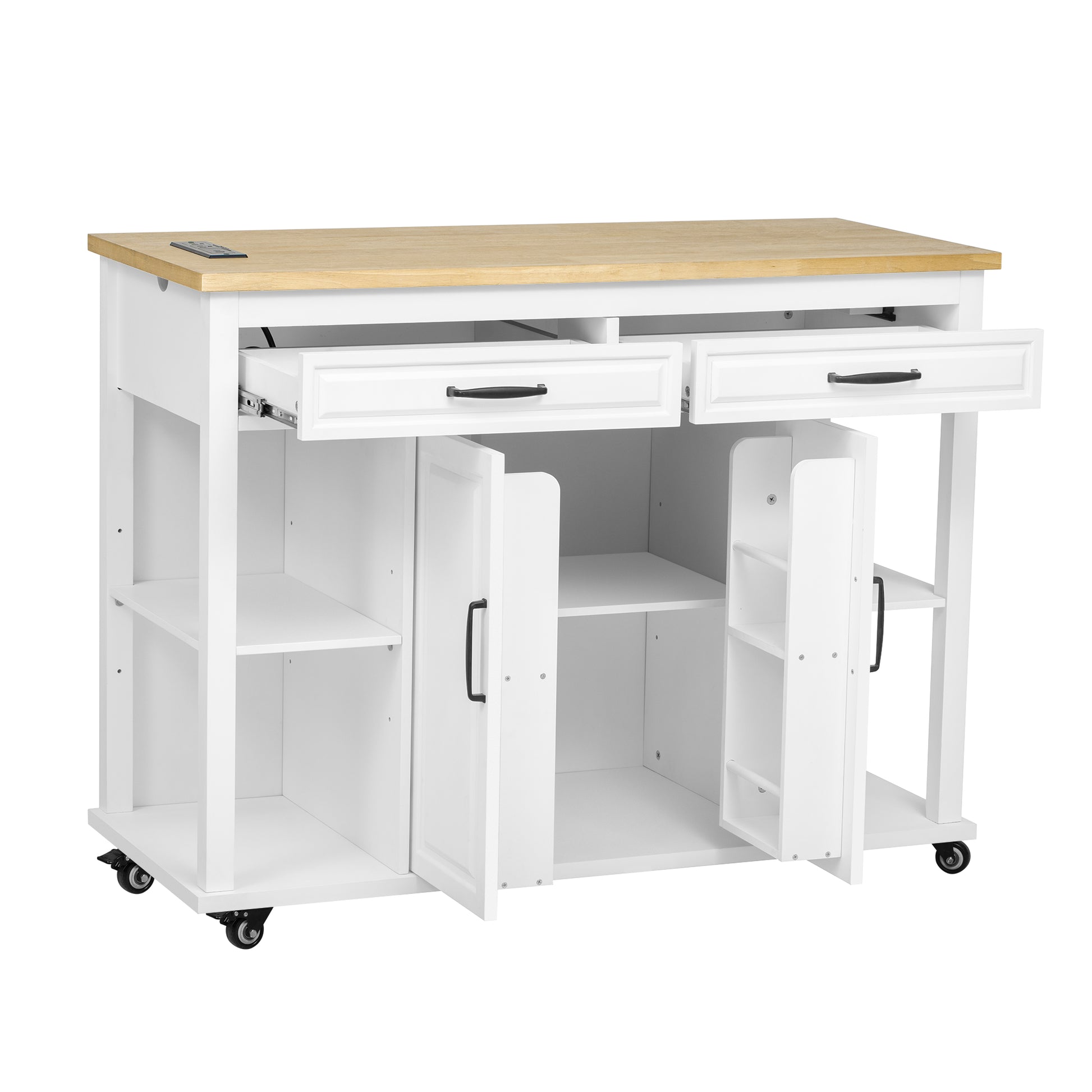 K&K 47 inch Kitchen Island with Extendable Dining Table, Rubber Wood Veneer Kitchen Table with Internal Storage Rack, Power Outlet, Kitchen island with Storage 2 Drawers 2 Cabinet,White image 9
