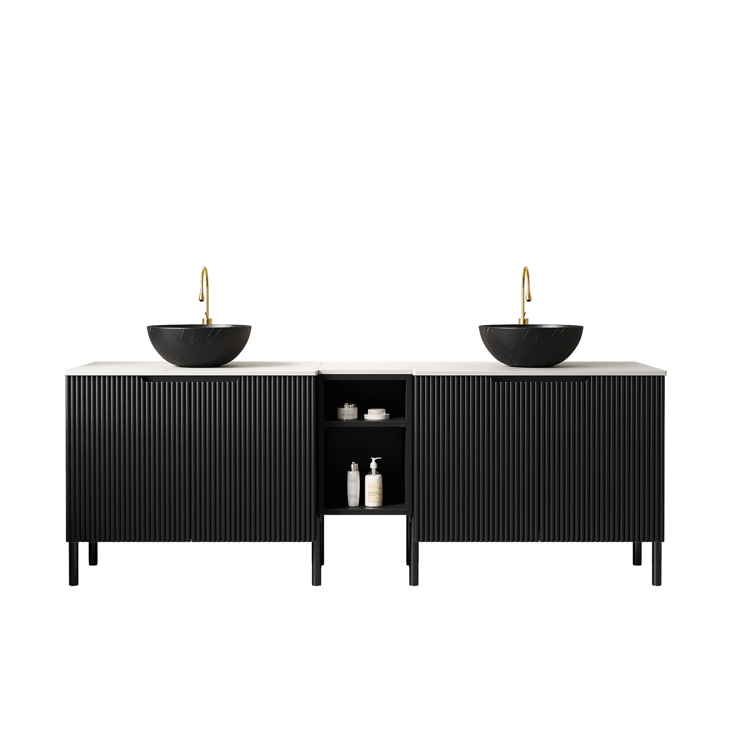 TURIO 72" Freestanding Double Bathroom Vanity with Sinks, 2x30" Striped Storage Cabinets + 12" Removable Open Shelf, 2 Black Bowl Stone Pattern Vessel Basins with Carrara White Countertop, Black image 3
