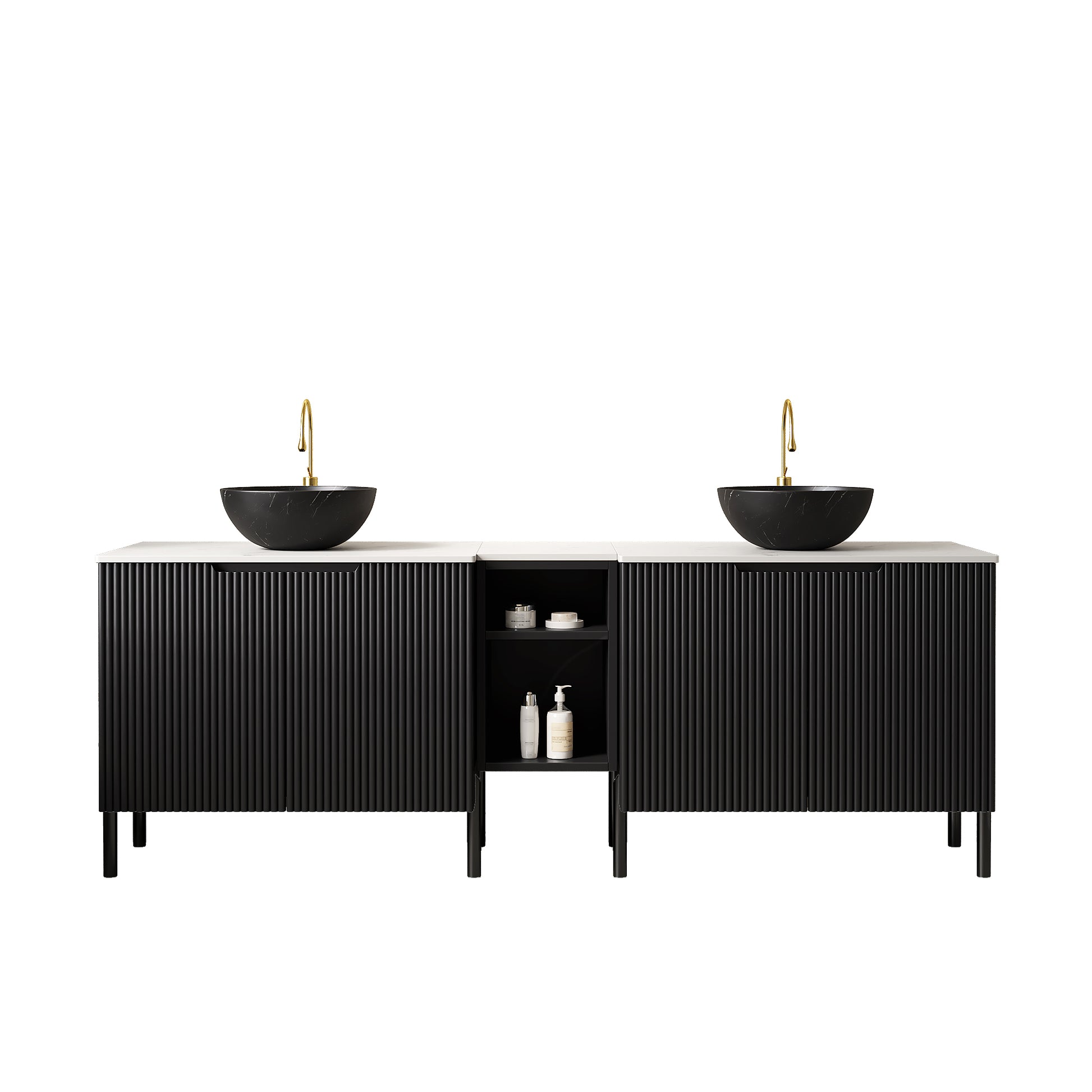 TURIO 72" Freestanding Double Bathroom Vanity with Sinks, 2x30" Striped Storage Cabinets + 12" Removable Open Shelf, 2 Black Bowl Stone Pattern Vessel Basins with Carrara White Countertop, Black image 3