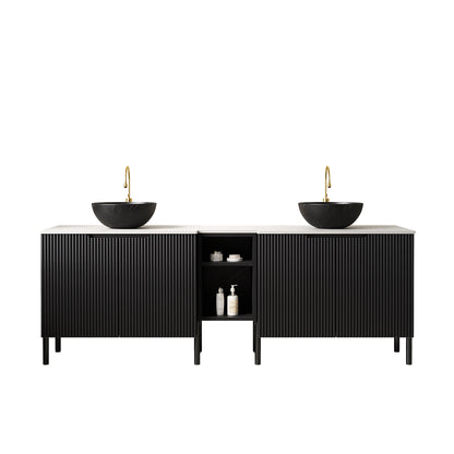 TURIO 72" Freestanding Double Bathroom Vanity with Sinks, 2x30" Striped Storage Cabinets + 12" Removable Open Shelf, 2 Black Bowl Stone Pattern Vessel Basins with Carrara White Countertop, Black image 3