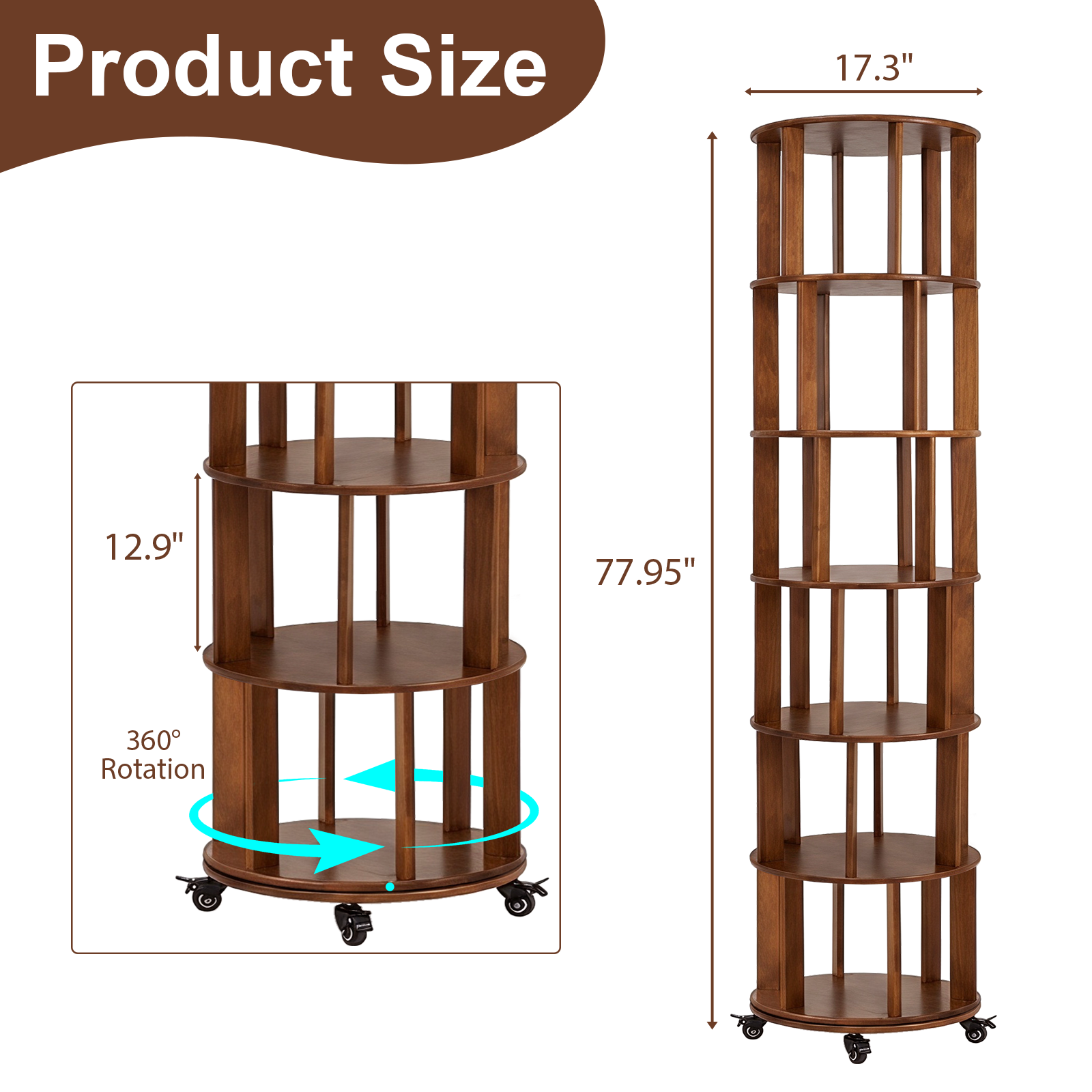 6 Tier Rotating Bookshelf, Solid Wood Rotating Bookshelf Tower with Wheels, 360° Display Round Spinning Bookshelf for Small Spaces, Corner, Bedroom, Living Room, Home, Office, Walnut image 11