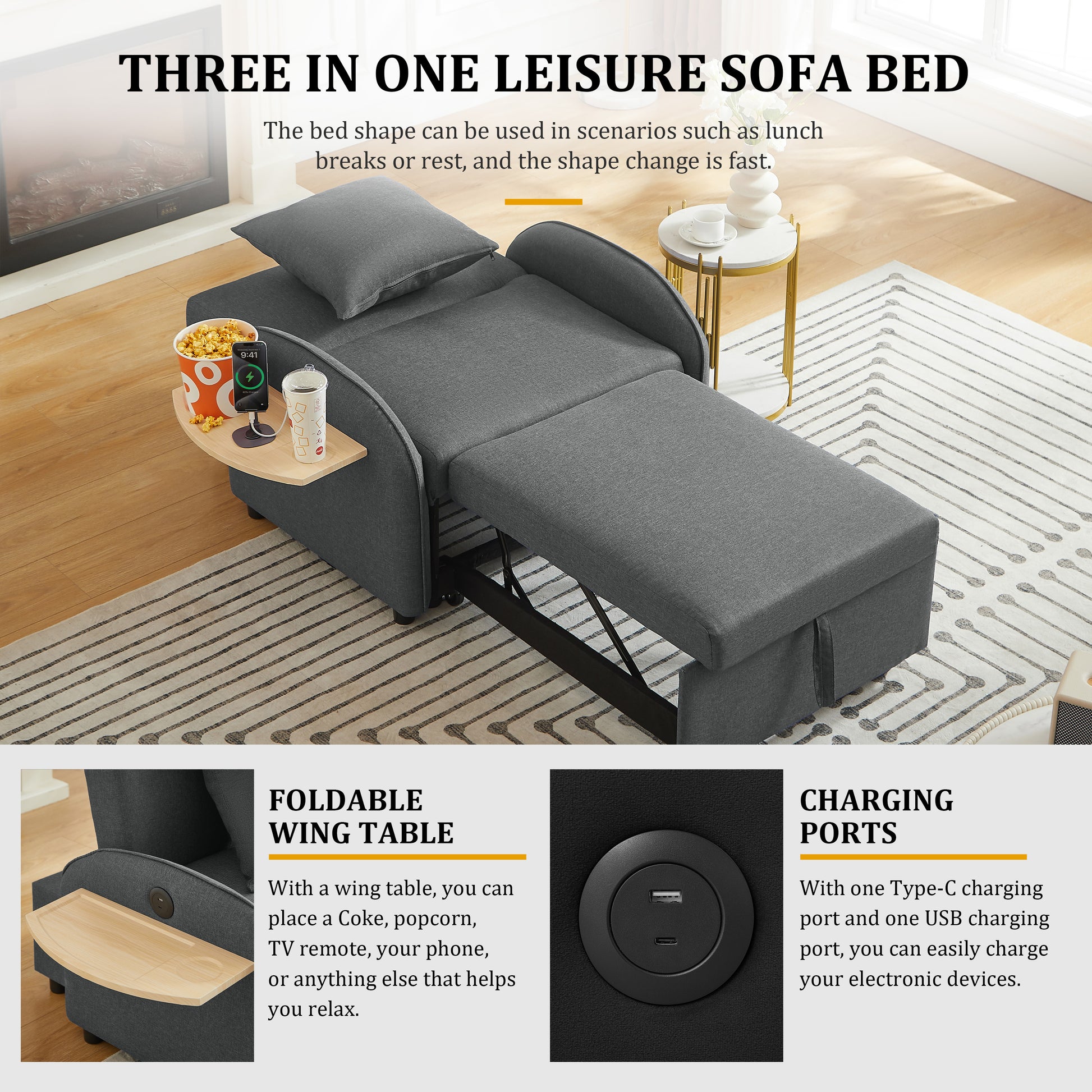 Sleeper Sofa Chair Bed, 3 In 1 Convertible Sofa Chair With Adjustable Backrest & Foldable Table & USB, Type-C, Adjustable Recliner, Armchair For Living Room Bedroom Apartment Small Space,Darkgray image 3