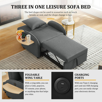 Sleeper Sofa Chair Bed, 3 In 1 Convertible Sofa Chair With Adjustable Backrest & Foldable Table & USB, Type-C, Adjustable Recliner, Armchair For Living Room Bedroom Apartment Small Space,Darkgray image 3