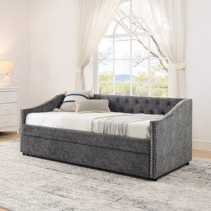 Twin Size Daybed with USB Charging & Pull-out Extendable Bed, with Button on Back and Copper Nail on Waved Shape Arms (81"x42"x30.75") image 4
