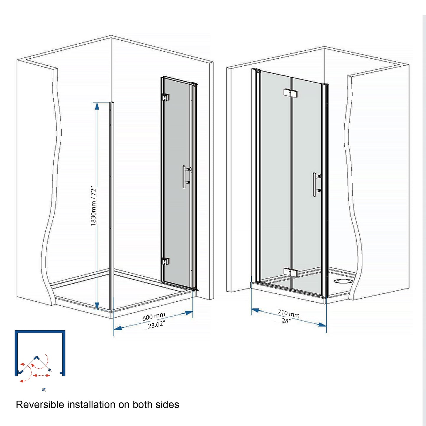 29-28"x 72" Bifold Shower Door, 1/4"(6mm) Tempered Glass, Chrome Aluminum Frame, Explosion Proof Film image 7