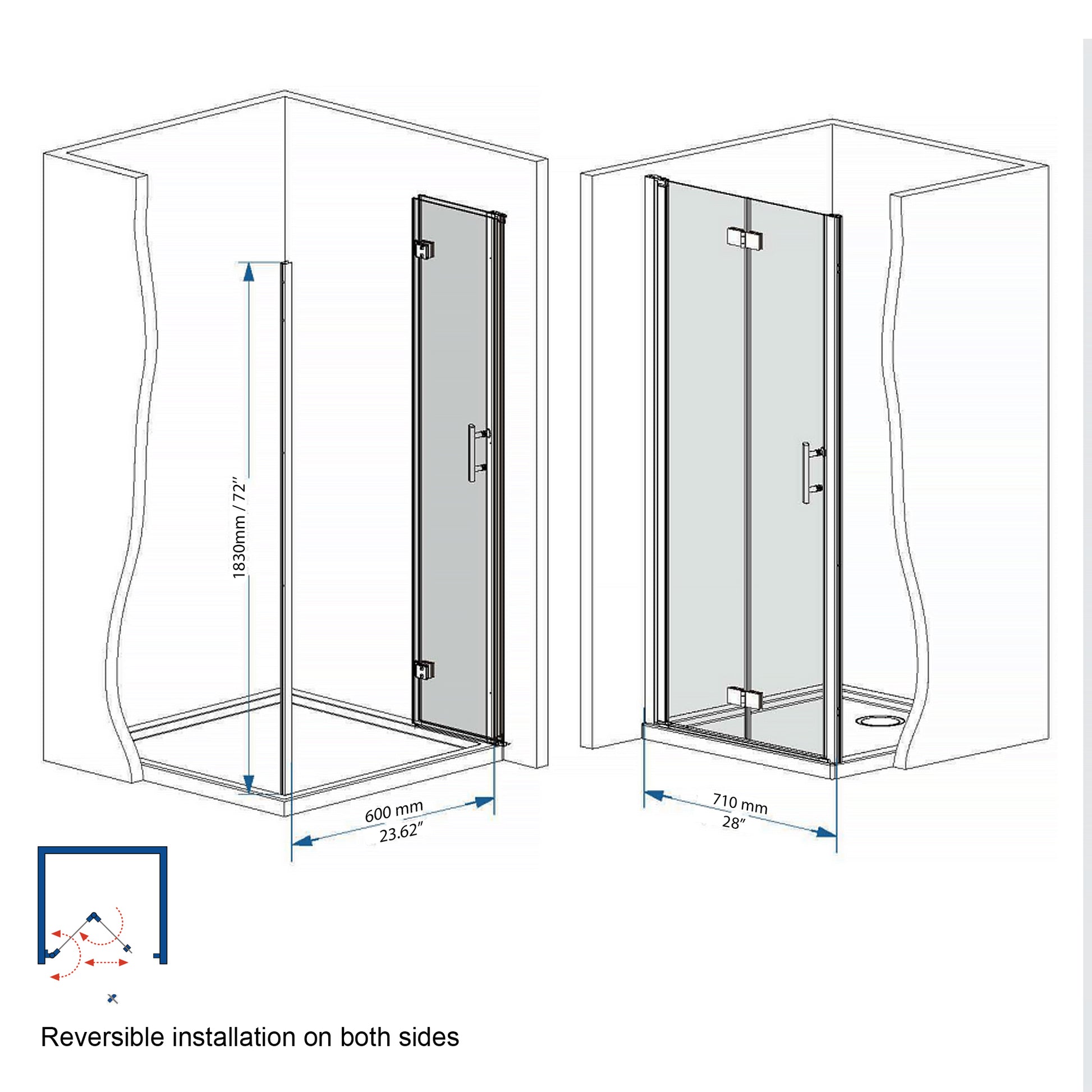 29-28"x 72" Bifold Shower Door, 1/4"(6mm) Tempered Glass, Chrome Aluminum Frame, Explosion Proof Film image 7