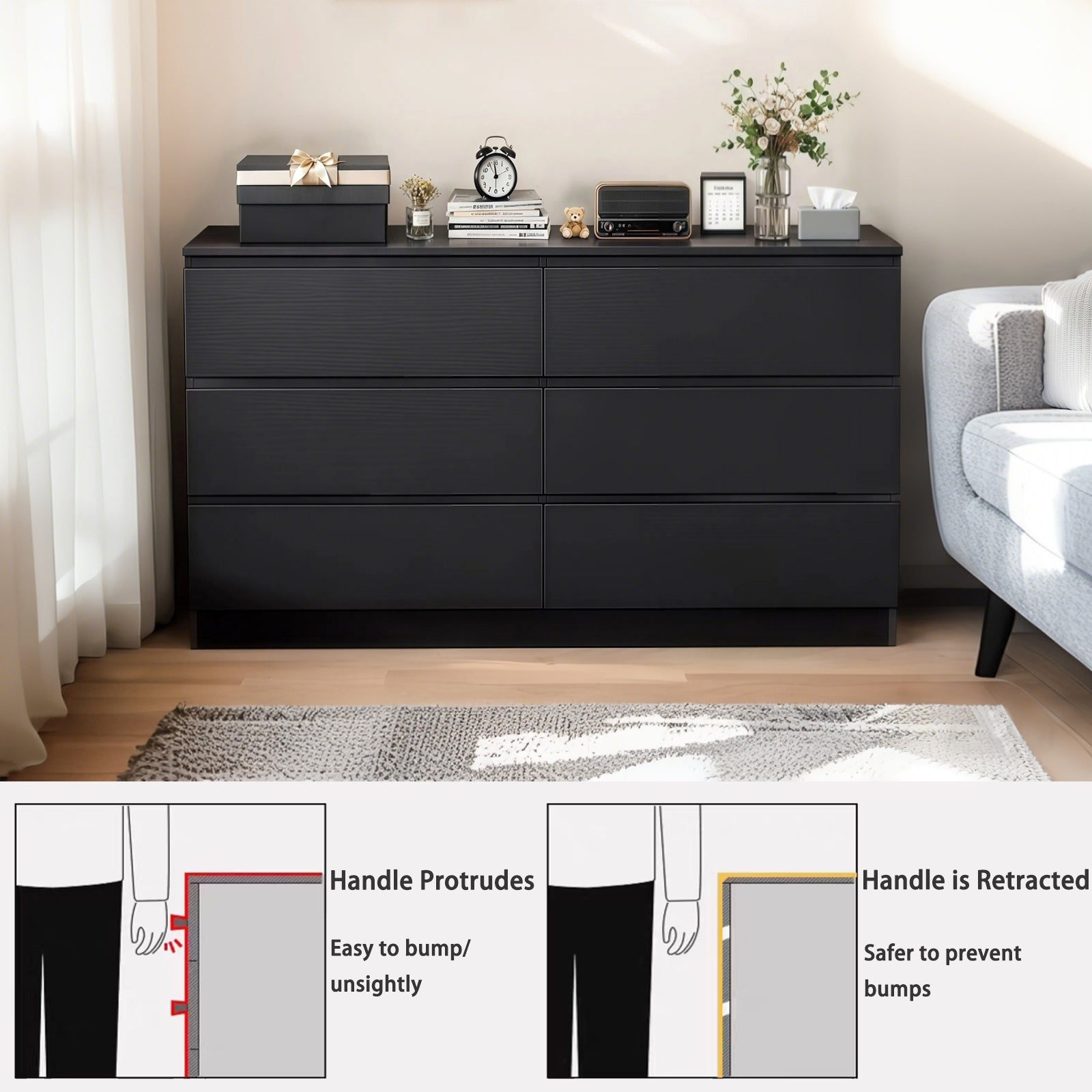 6 Drawer Black Dresser, Modern Bedroom Dresser with Spacious Countertop, Wood Storage Cabinet with Concealed Handles & 6 Deep Drawers for Bedroom, Living Room, Entryway, 15.7" D x 47.2" W x 30.9" H image 12