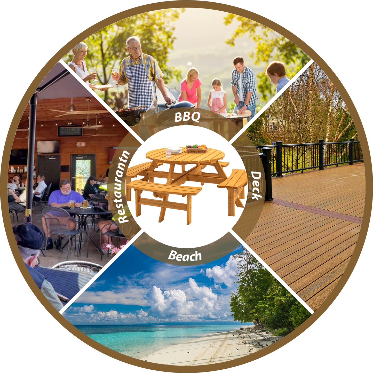 8 Person Wooden Picnic Table, Outdoor Camping Dining Table with Seat, Garden, DIY w/ 4 Built-in Benches, 2220lb Capacity - Natural image 5