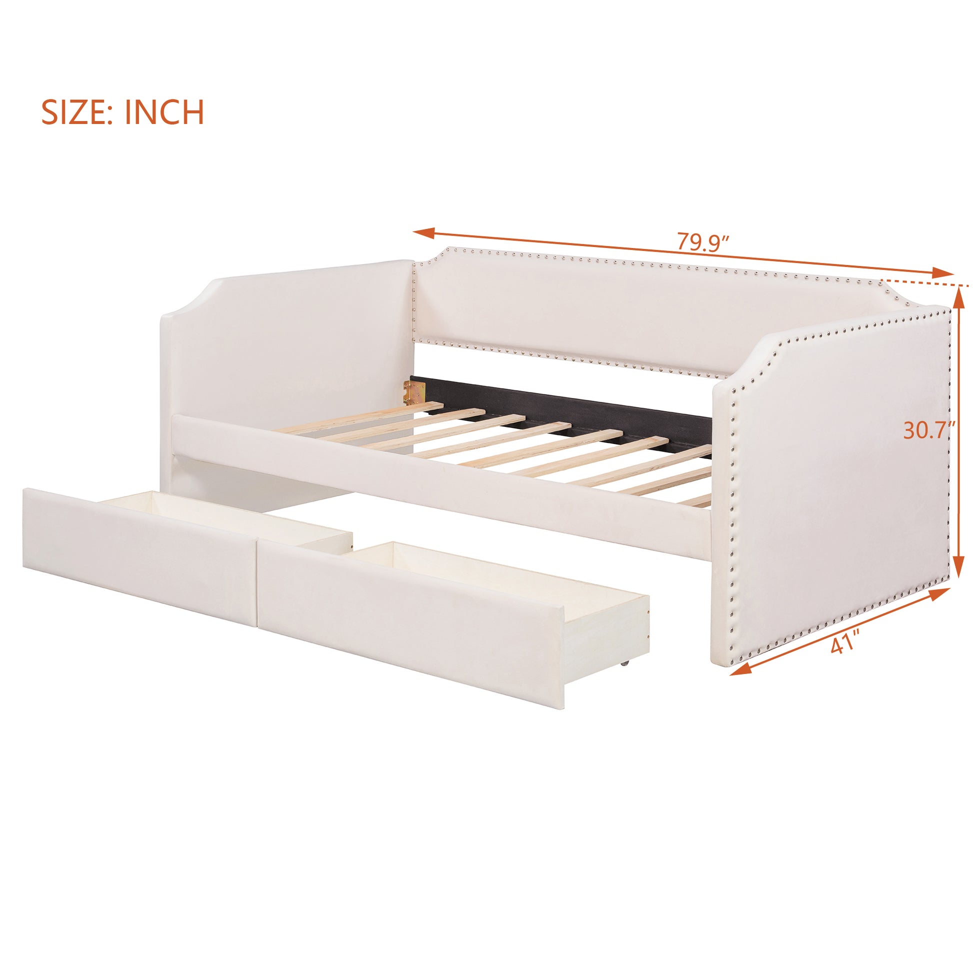 Twin Size Velvet Upholstered Daybed with 2 Drawers, Beige image 9