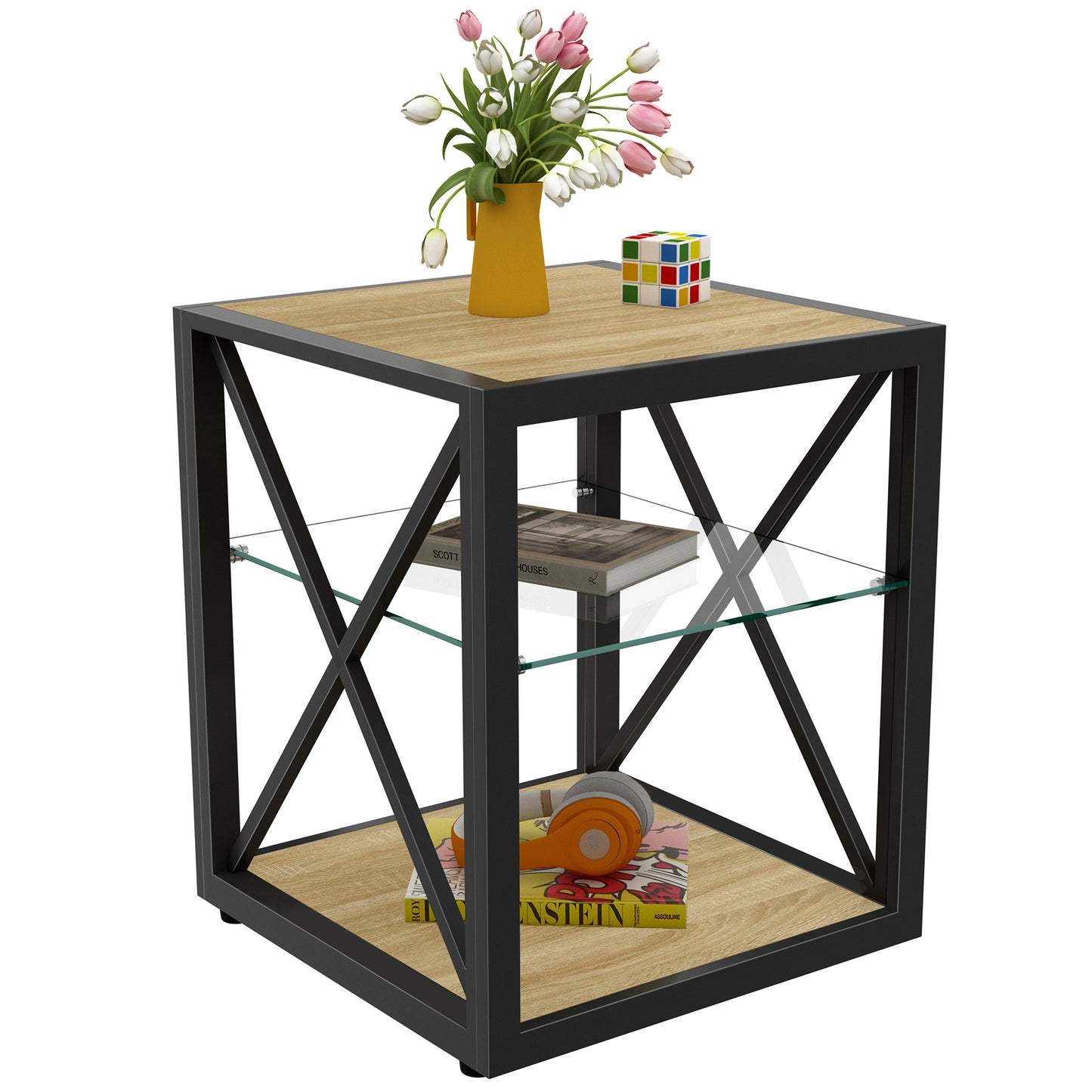 1 piece Modern End Table Nightstand for Bedroom & Living Room, Tempered Glass&Natural Wood MDF Top, Industrial Style Side Table image 8