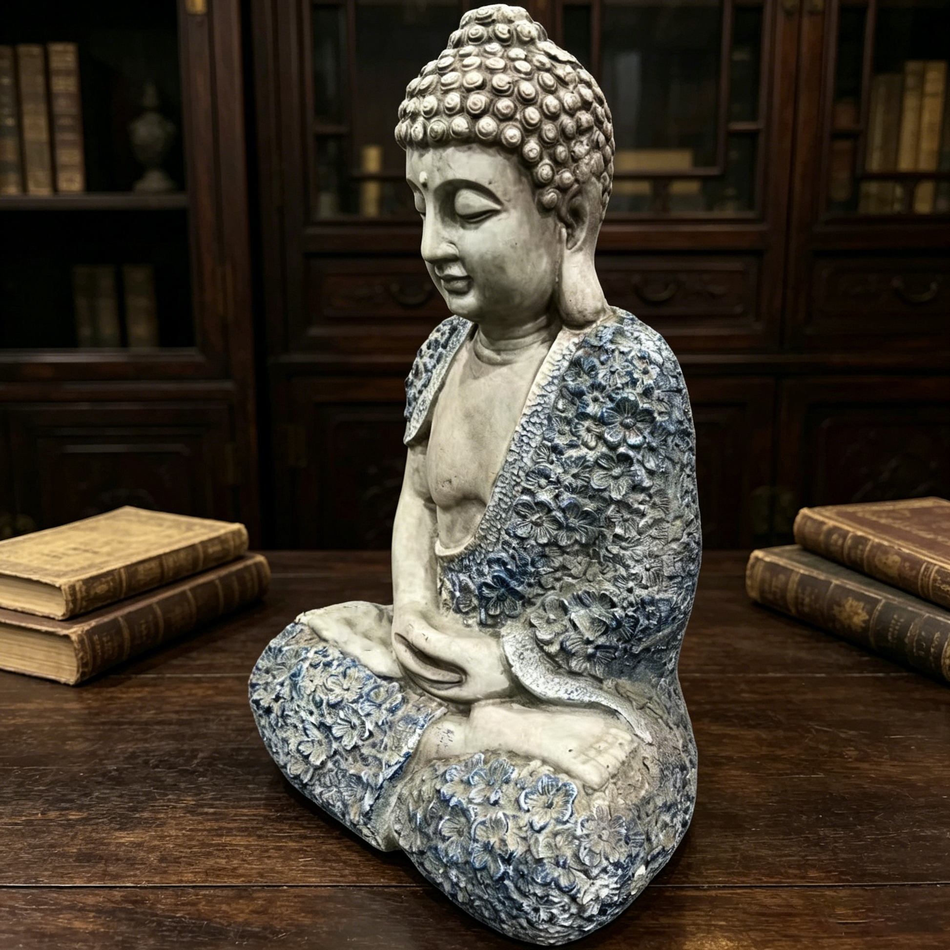 16'' Weatherproof Resin Buddha Garden Statue, Blue Floral Accent Meditating Buddha Figurine, Outdoor Zen Decor for Patio, Yard, Lawn & Landscape image 8