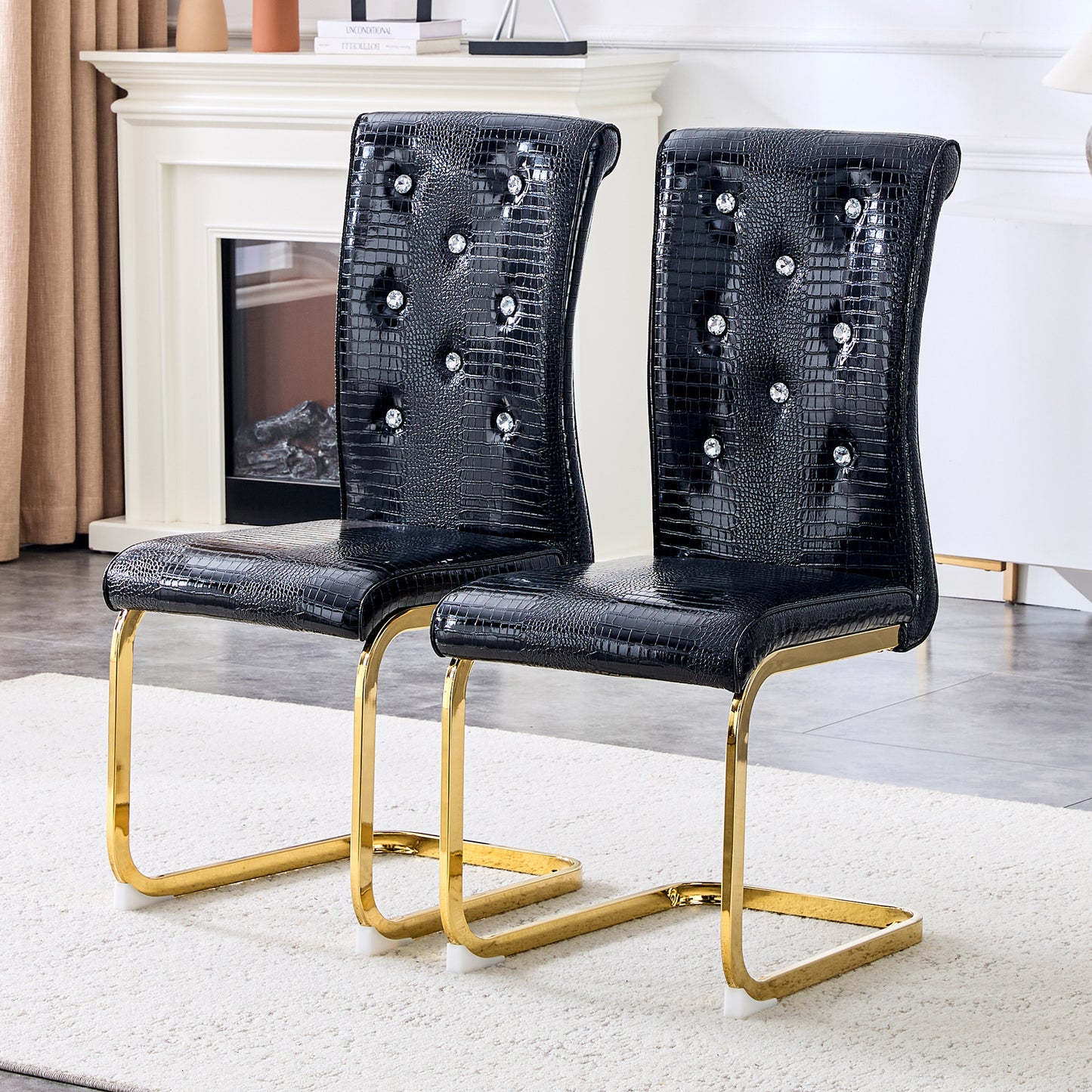 Set of 4,Retro alligator skin Upholstered dining chairs,with Crystal buckle design and Faux Leather design,a touch of elegance and mystery to the dining area,Gold plated metal bow leg image 4