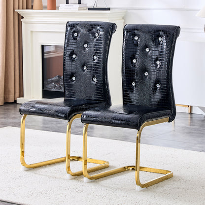 Set of 4,Retro alligator skin Upholstered dining chairs,with Crystal buckle design and Faux Leather design,a touch of elegance and mystery to the dining area,Gold plated metal bow leg image 4