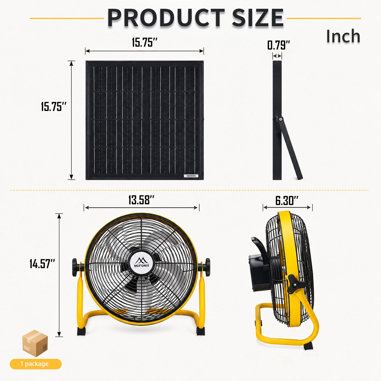 12" Yellow Solar Rechargeable Floor Fan,30W Adjustable Monocrystalline Solar Panel,Built-in 1500mAh Battery,3-Speed Remote Dual Power Fan for Home Room,Backyard Camping & Greenhouse image 8