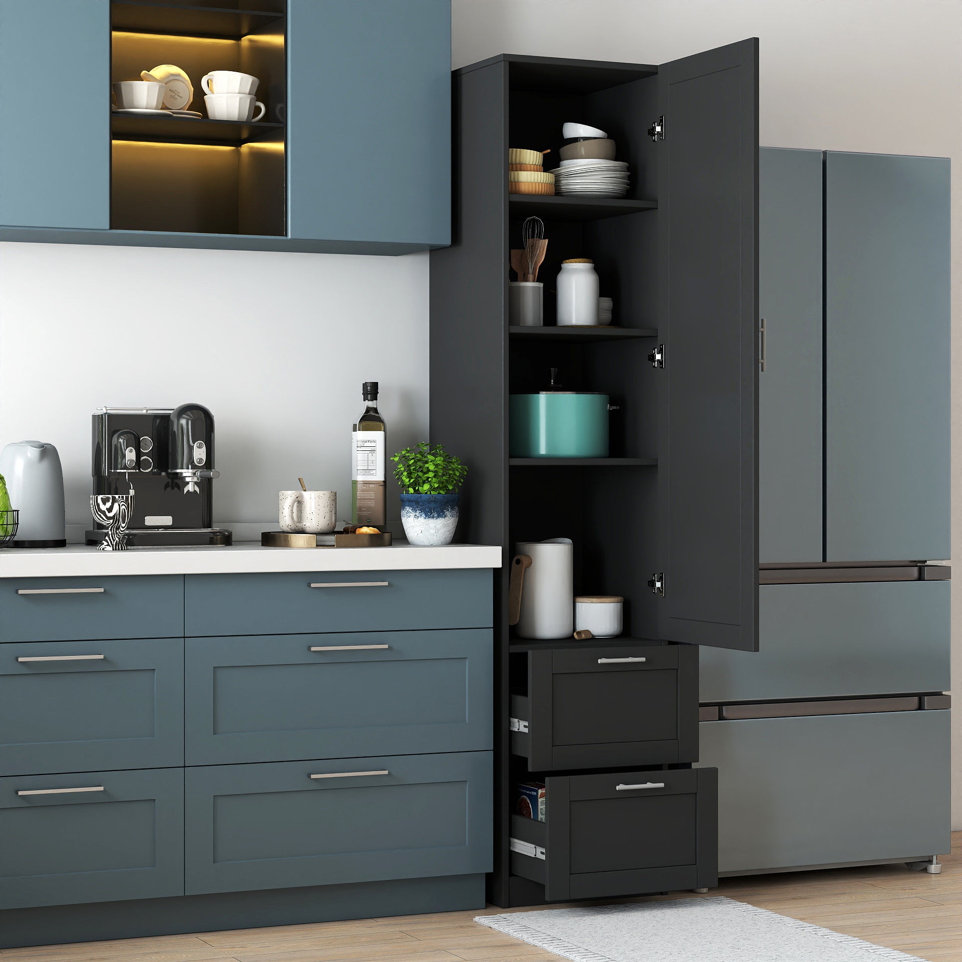 Standard kitchen Pantry,Tall Cabinet,Freestanding Cabinet with one door and two drawers for Kitchen, Dining Room, BLACK image 1