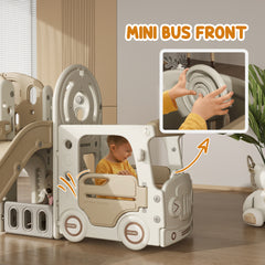 Qaba 9 in 1 Toddler Slide, Indoor Slide for Kids Ages 1-6, Car Themed Baby Slide with Basketball Hoop, Climber, Storage Space, Ring Toss, Telescope, Tunnel, Cream White