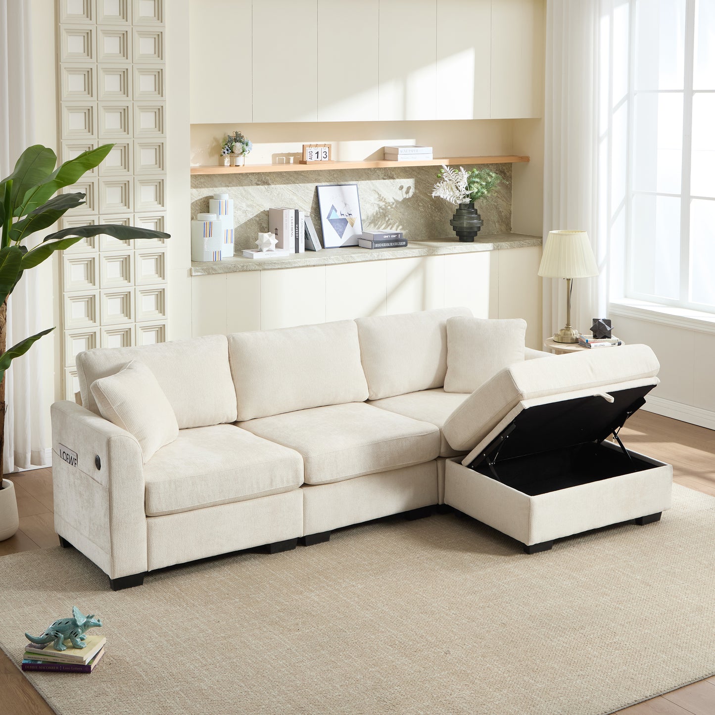 Modern Storage Sofa with Dual USB, 2 Side Pockets,Ottoman Storage Bench Cloud Sectional Chenille Sofa Oversized,4-Seat, L-Shaped Couch,Beige image 4