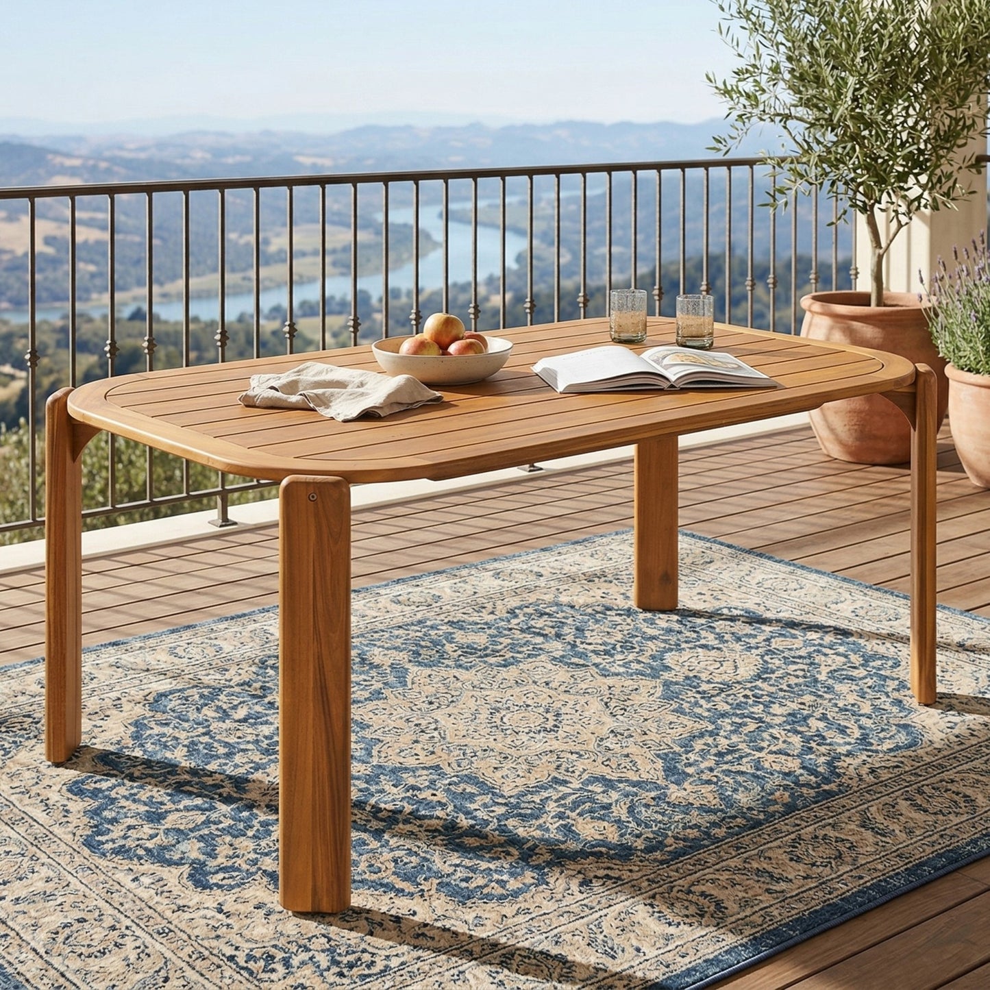 Kaja Outdoor Acacia Wood Dining Table, Teak Finish with Slat Design image 1