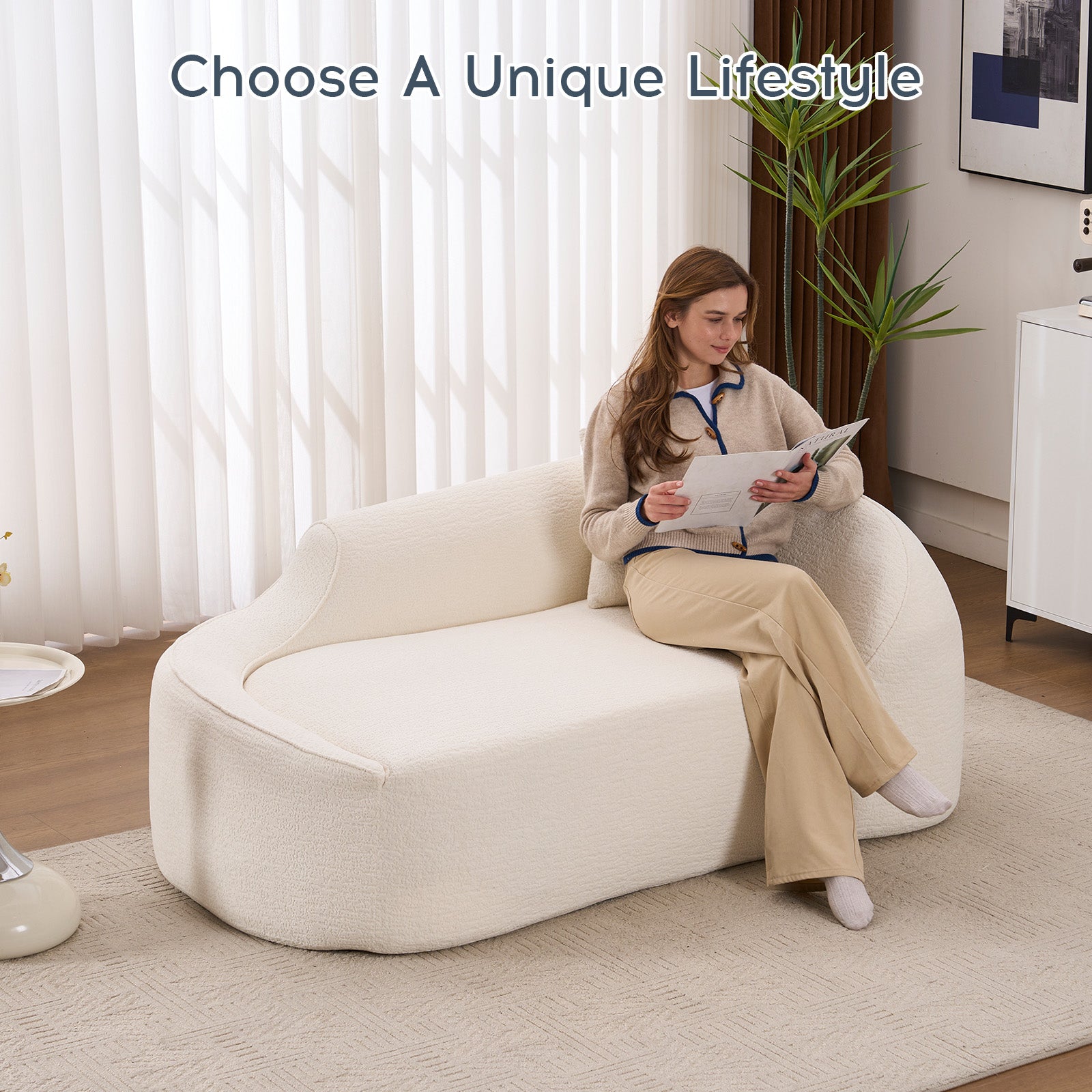 LY-048 Compression Curved Chaise Longue Chair Indoor, Modern Chenille Loveseat Couch with Deep Seat Sofa Bed with 1 Pillow, Sleeper Sofa Couch for Living Room, Bedroom, Apartment image 4