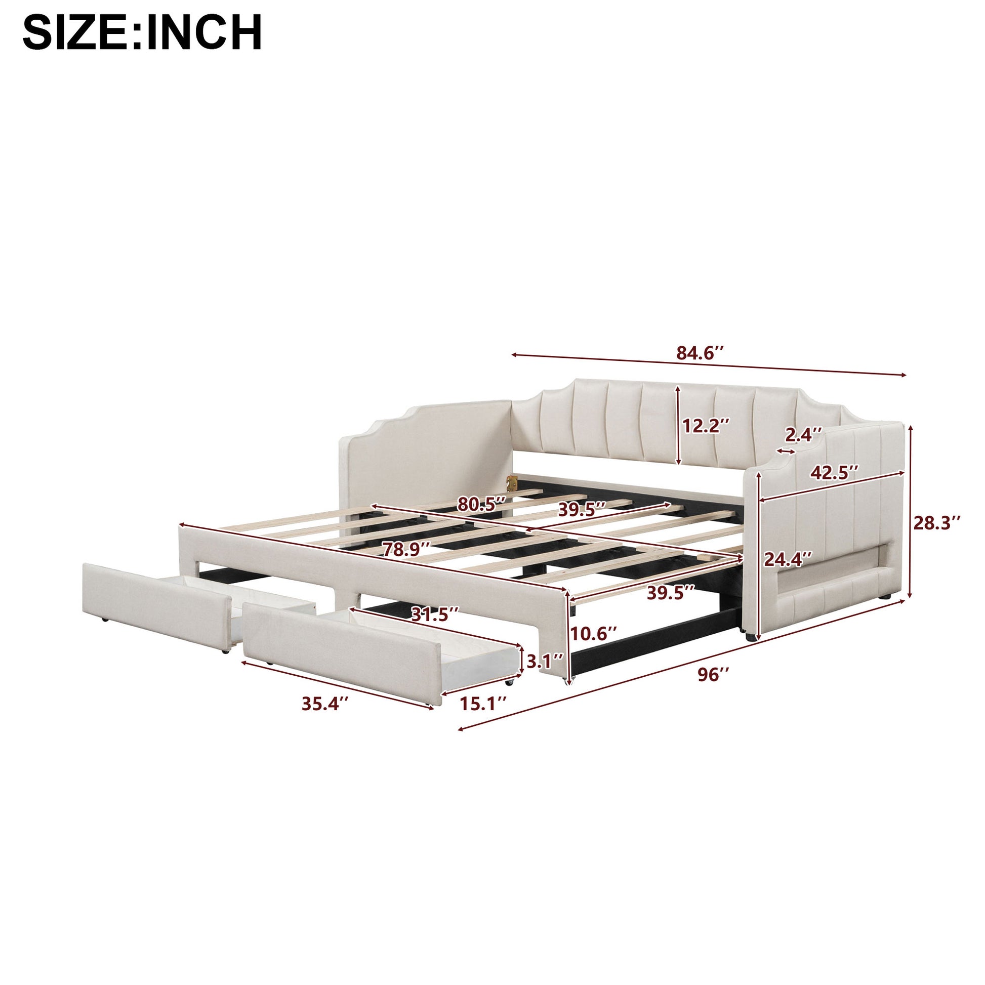 Twin XL Size Extendable Upholstered Daybed with Two Storage Drawers and LED Light,Twin XL to King Daybed,Beige image 10