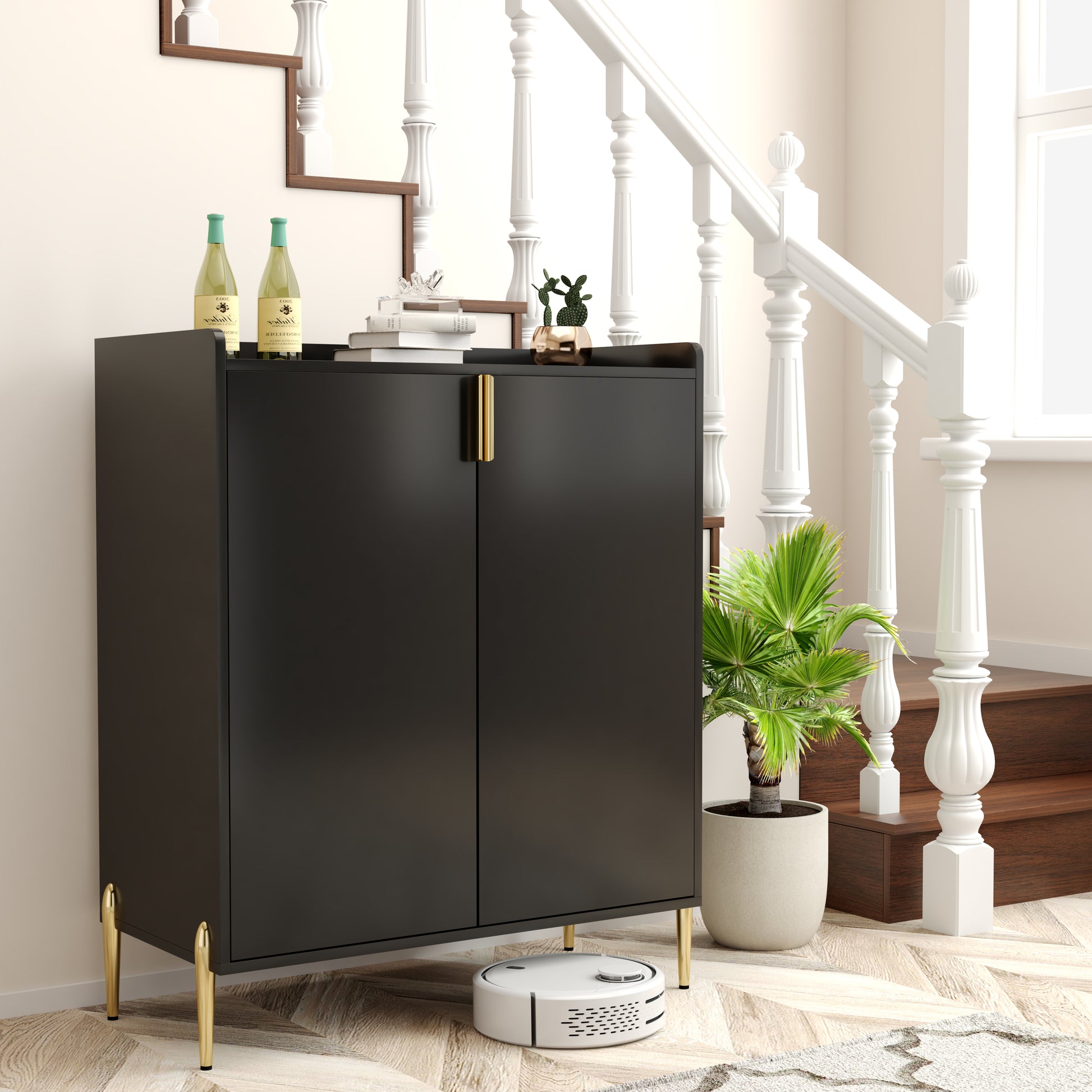 2 doors home wine bar cabinet with wine rack & adjustable storage shelf, modern sideboard with soft-closing hinge, dinning room buffet cabinet, Liquor Cabinet kitchen, living room coffee cart BLACK image 3