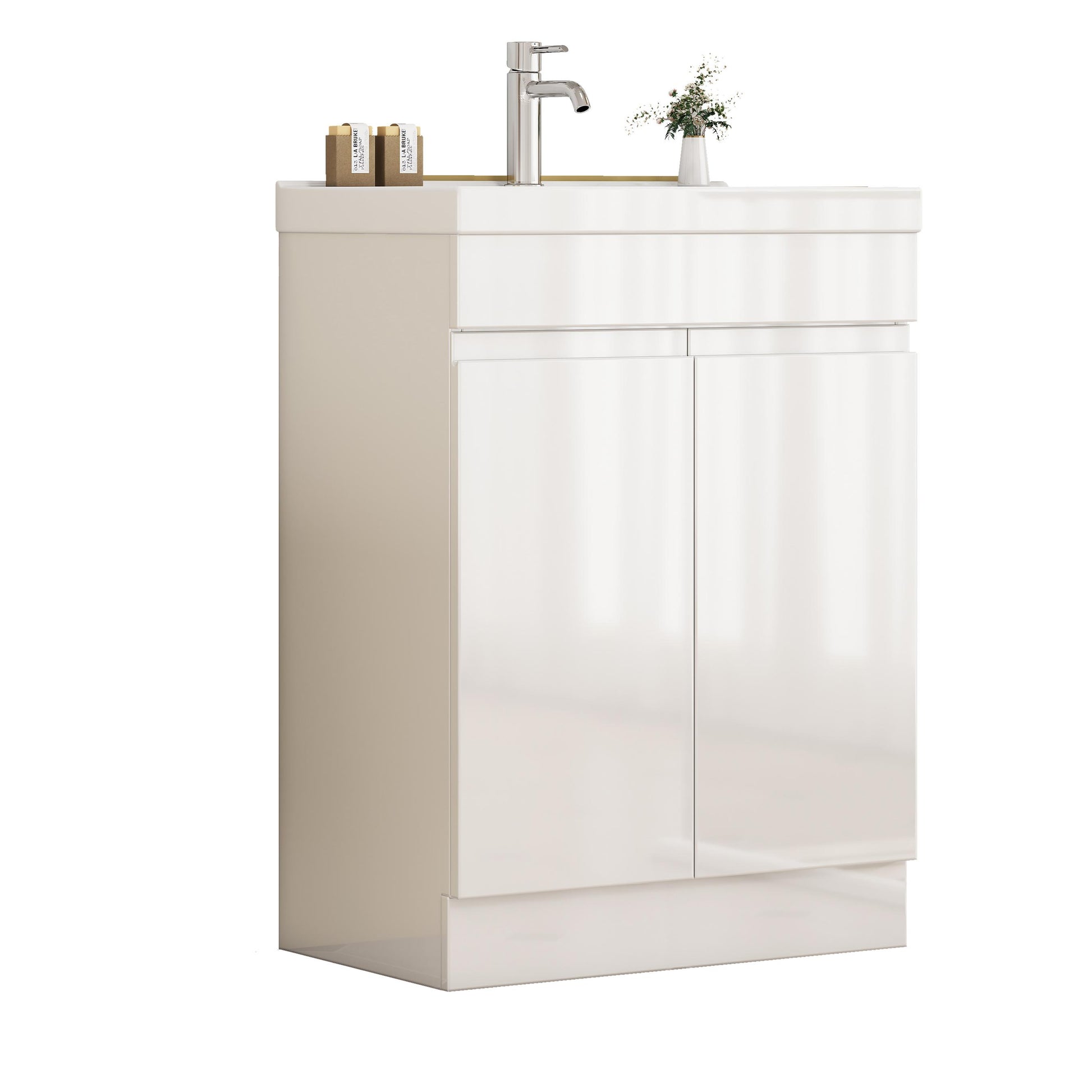 24-Inch Bathroom Vanity With Sink Combo, 2 Doors Bathroom Cabinet, With Shelf,Handle Free Design,Unique Thick-Edged Ceramic Basin,Soft Close System Hinge,Easy Assemble,Glossy White image 3